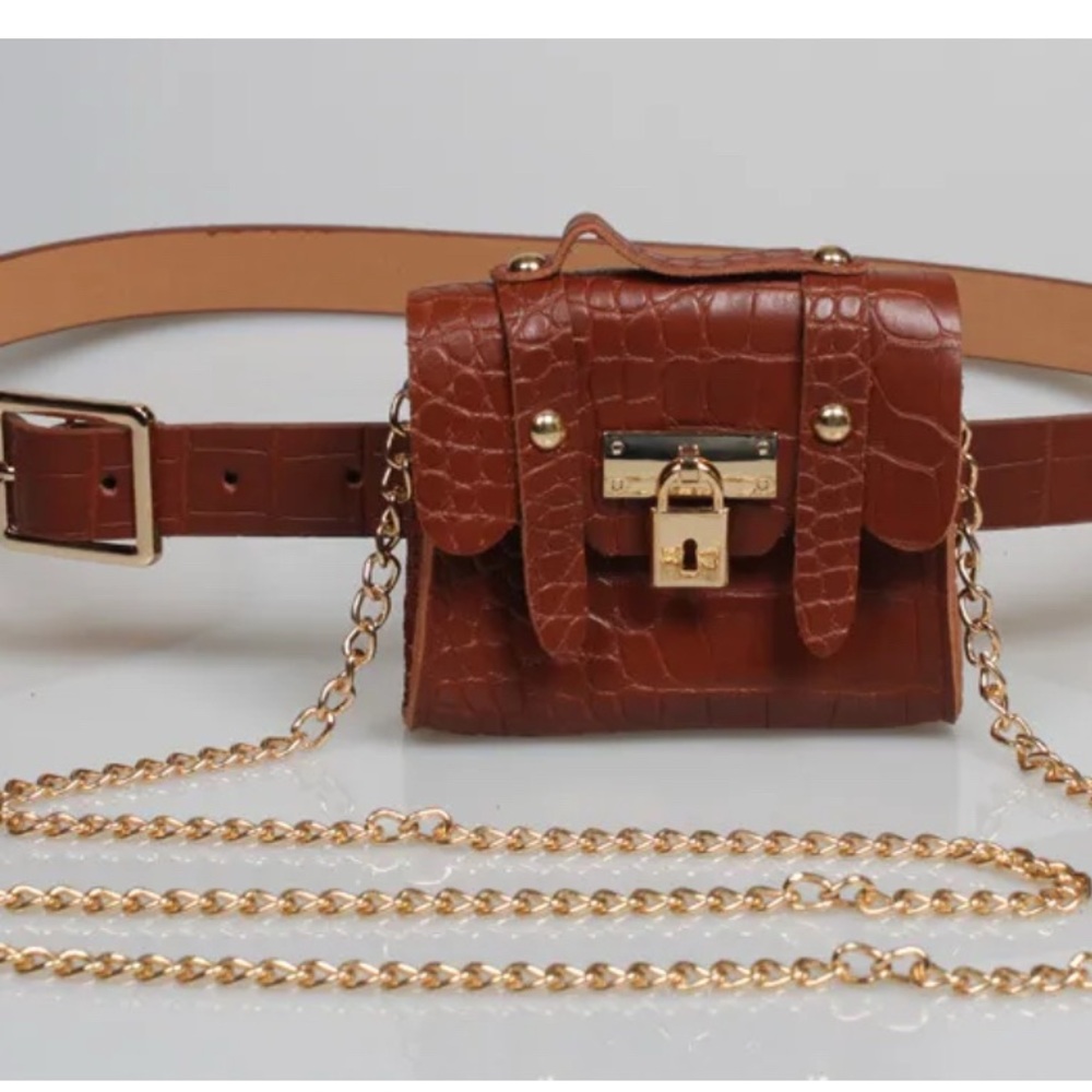 Brown Croc-Embossed Belt Bag with Gold Chain